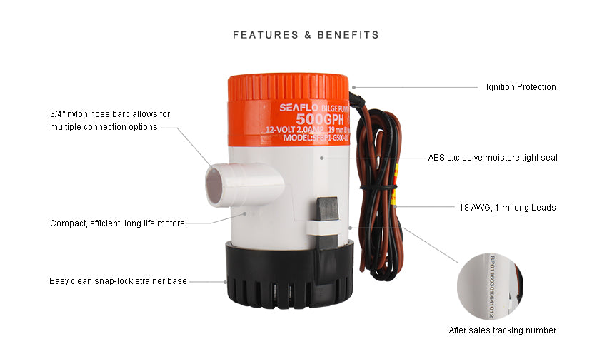 Seaflo Bilge Pump 500 GPH 12 Volt SFBP1-G500-01 Set Hose&Connector
